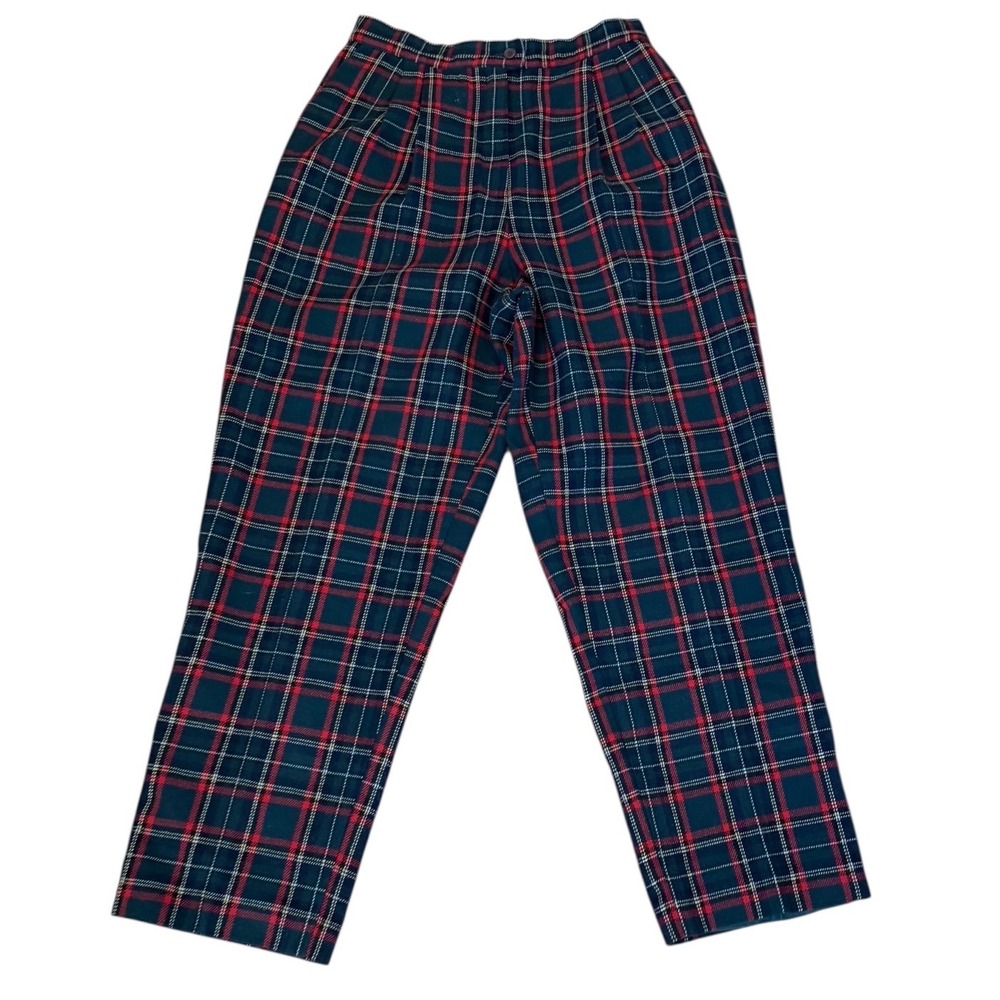 Vtg 90s Koret Plaid High‎ Waisted Pleated Wool Blend Pants Navy Red White 12 (m)